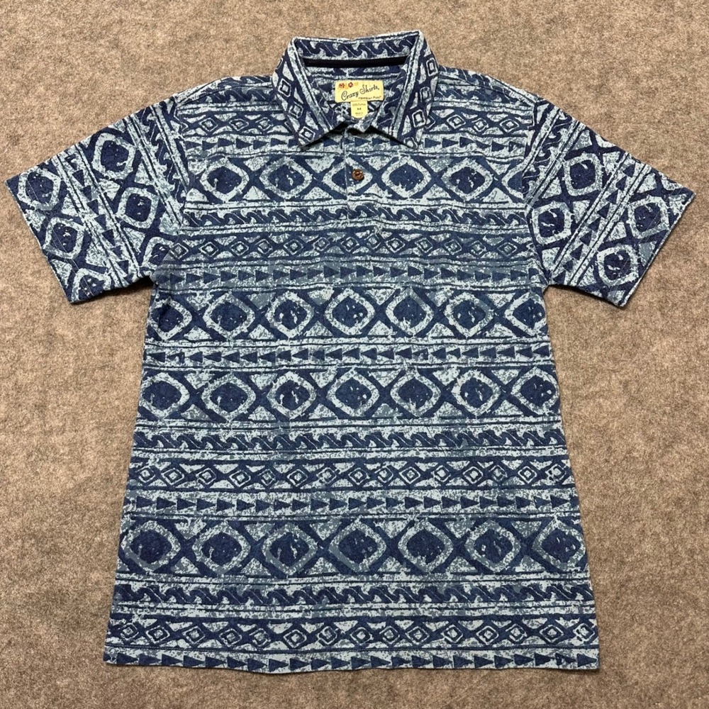 Crazy Shirts Polo Shirt Mens M Blue Hawaiian Tribal Print Short Sleeve Cotton